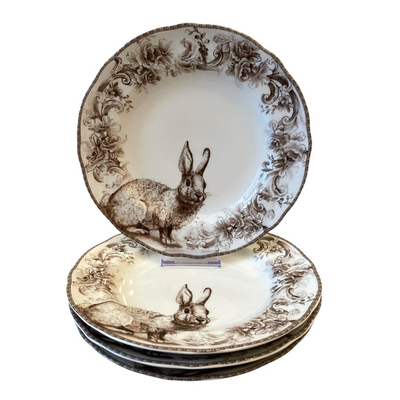 222 Fifth ARABELLA Brown & White Bunny Dinner Plates 12in Set of 4 New - Picture 8 of 10